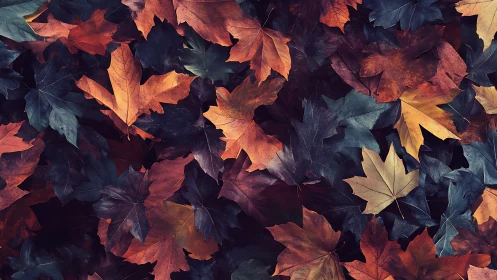 Colorful fallen maple leaves forming dense autumn carpet.