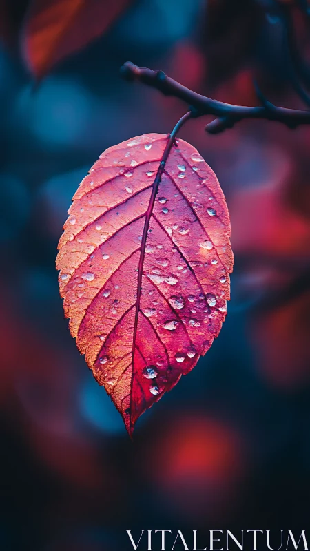 Macro autumn leaf with dewdrops in shallow depth of field.