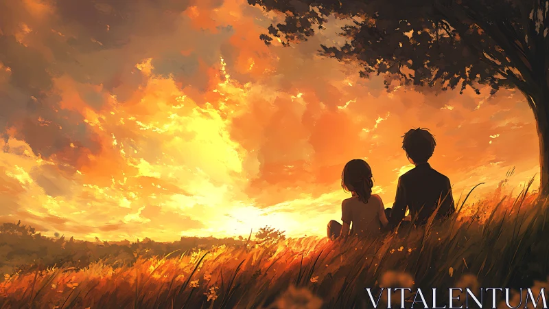 Soft sunset hillside with two friends sharing quiet wonder.