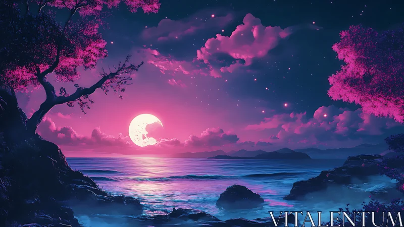 Moonrise in candy-neon tides over dreamlit shoreline.