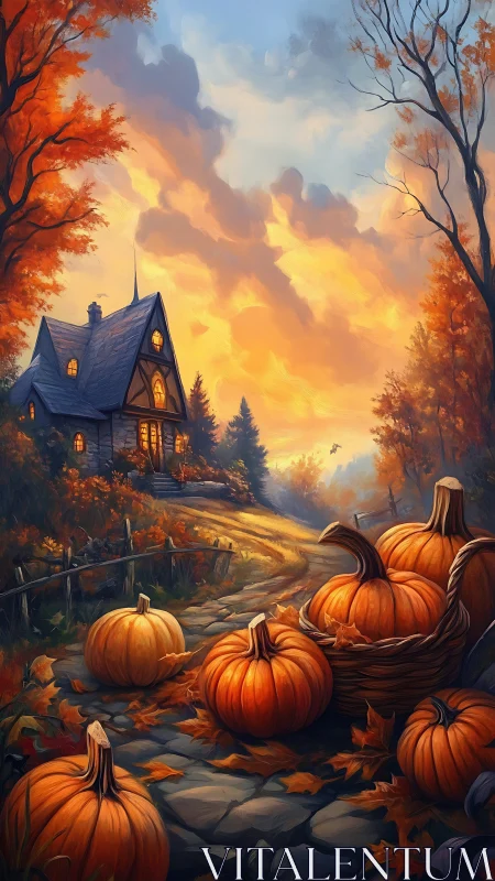Pumpkin lane glows toward a storybook autumn cottage sunset.