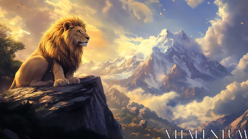 Majestic lion overlooking sunlit fantasy mountain range.