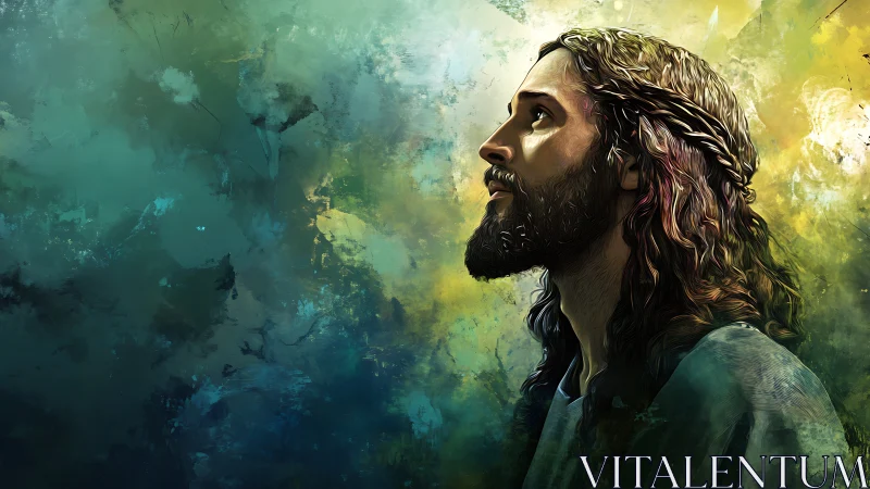 Side-lit bearded figure in profile against abstract teal-yellow field