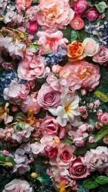 Layered Floral Composition: Pink Roses, Peonies, and Hydrangeas.
