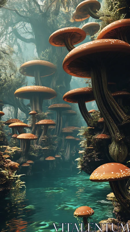 Towering bioluminescent mushrooms rise above a turquoise forest river