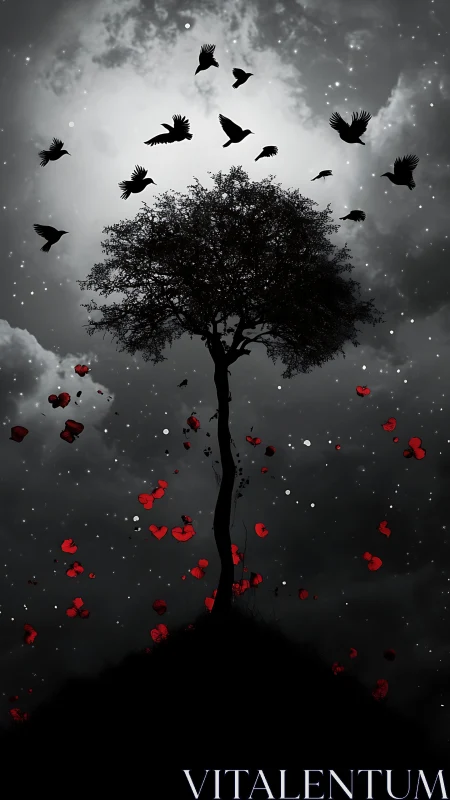 Silhouetted tree with birds and red petals in night sky.