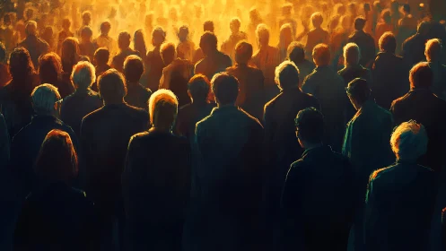 Glowing crowd of silhouettes gathers under warm golden light