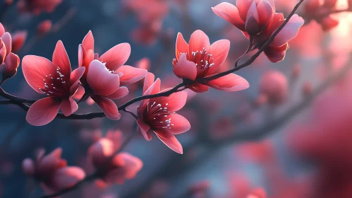 Coral Magnolia Blossoms on Curved Branch with Depth
