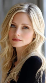 Soft-light portrait of blonde woman with still water eyes.