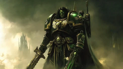 Armored warrior in baroque power suit within toxic gothic fog