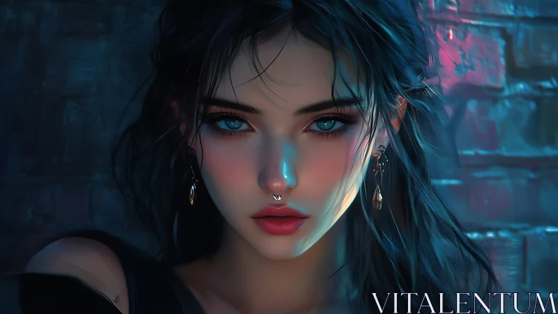 Neon-lit blue-eyed woman stares through cinematic shadows.