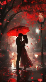 Red Umbrella Couple Rain Scene. Romantic Silhouette.