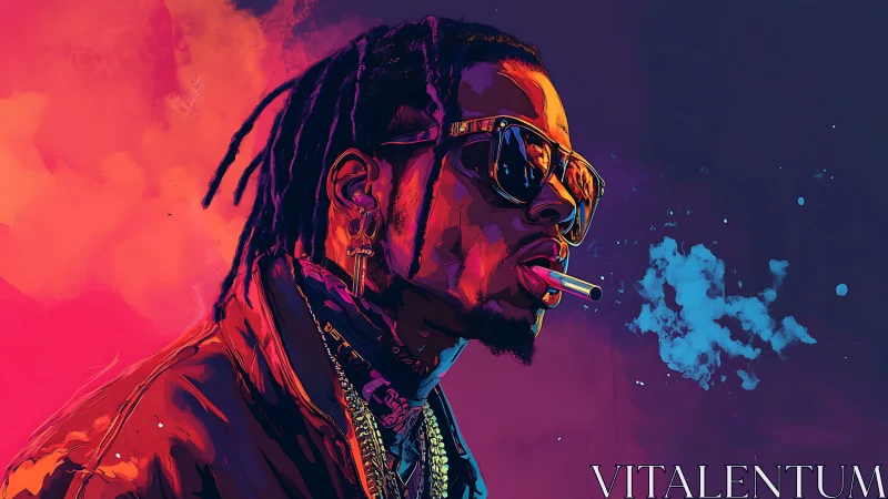 Neon-lit smoker drifts through electric sunset haze. Period.