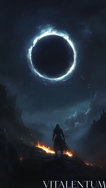 Armored wanderer under a luminescent apocalyptic eclipse.
