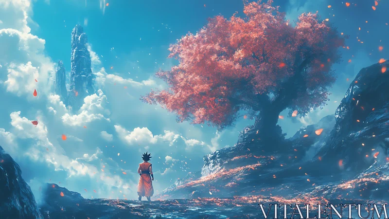 Warrior observes luminous red tree over clouded cliffs