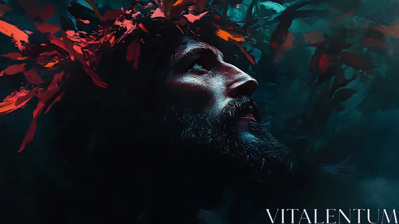 Side-lit male portrait with red foliage crown in teal haze