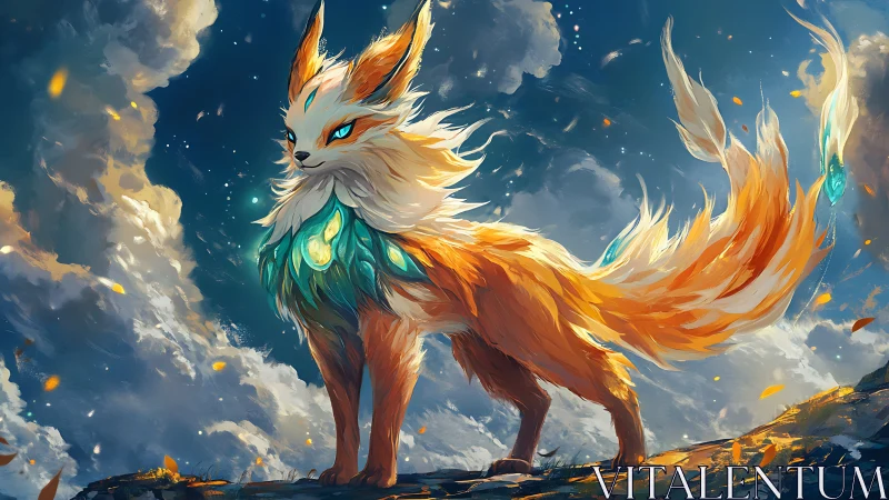 Fox-like fantasy creature stands against bright cloudy sky