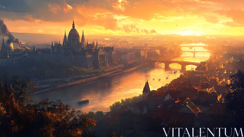 Sunlit riverside city glows beneath a radiant golden sunset