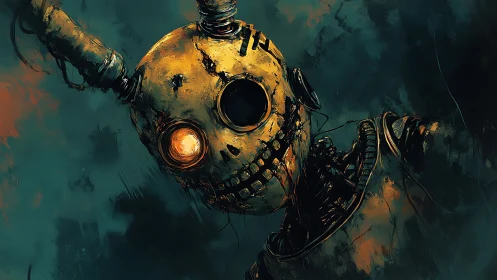 Rust-scarred robotic skull with glowing eye in teal gloom.