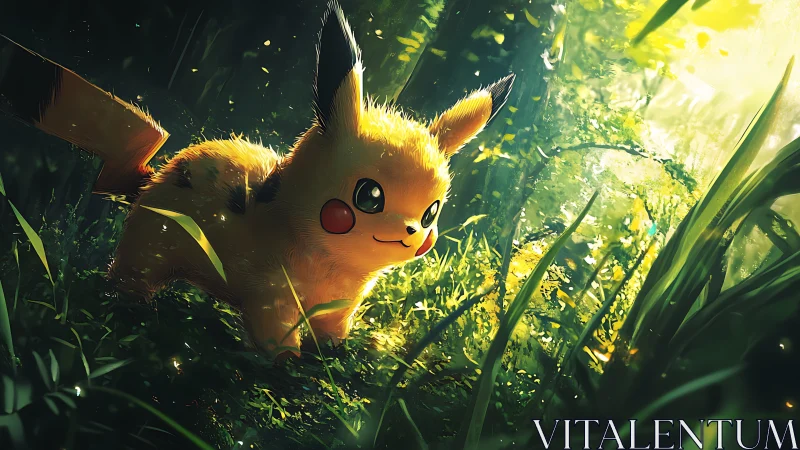 Electric creature explores sunlit forest floor softly