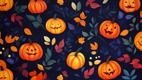 Jack o lantern pumpkin pattern with vibrant autumn foliage.