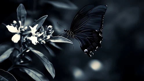 Midnight butterfly poised on moonlit blossoms in hush.