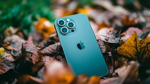 Turquoise iPhone rests nestled among autumn's crumbling foliage.