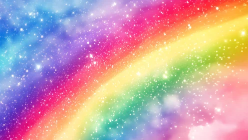 Curved rainbow band arcs across multicolored star field