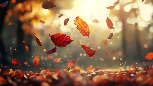 Whirling autumn leaves dance through honeyed forest light.
