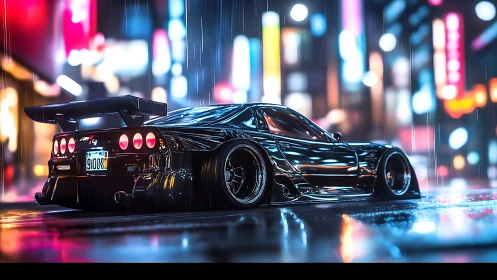 Modified sports car in neon lit rainy city street at night.