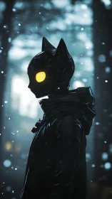 Anthropomorphic cat-helmet figure in snowy backlit forest scene