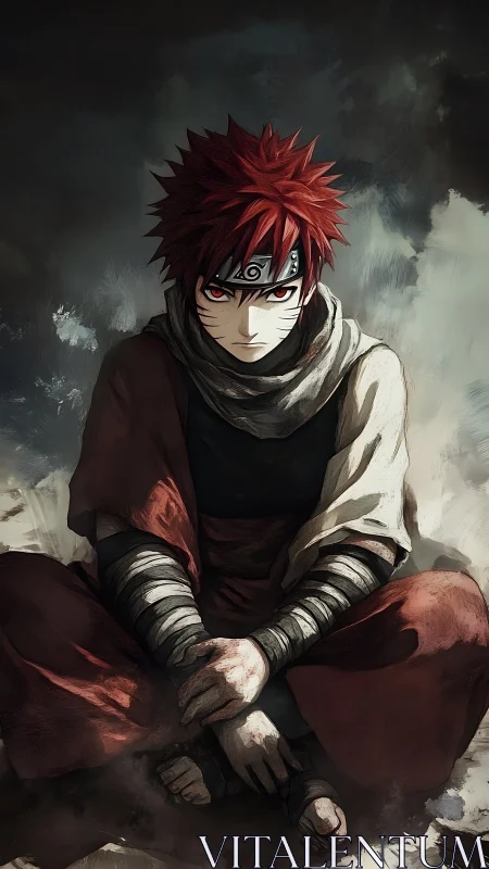 Brooding red-haired shinobi in seated tactical repose.