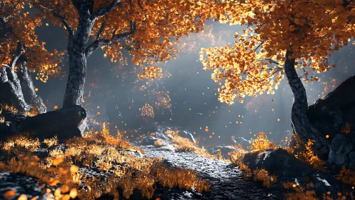 Digital painting of luminous autumn forest path composition.