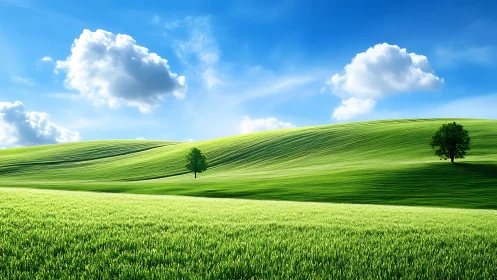 Luminous green hills under vivid blue sky with clouds.