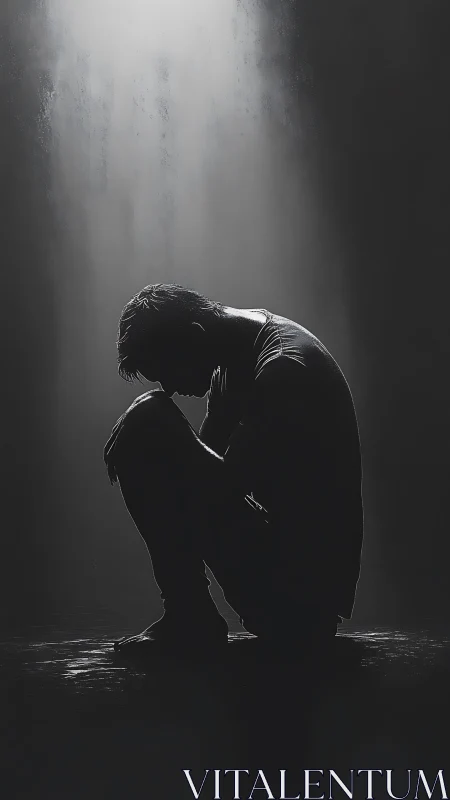 Backlit male silhouette crouching under narrow overhead beam