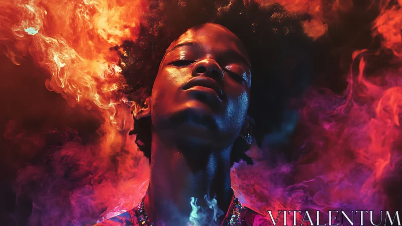 Portrait immersed in neon smoke and cinematic fire glow.