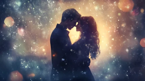 Silhouetted couple embracing within luminous particle field.