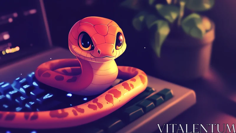 Cartoon python coils on glowing keyboard in warm light.