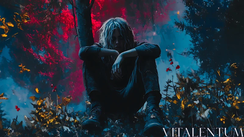 Solitary figure rests beneath neon-tinted forest gloom.