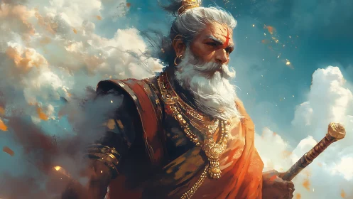 Storm-bright sage strides through clouds in gilded armor