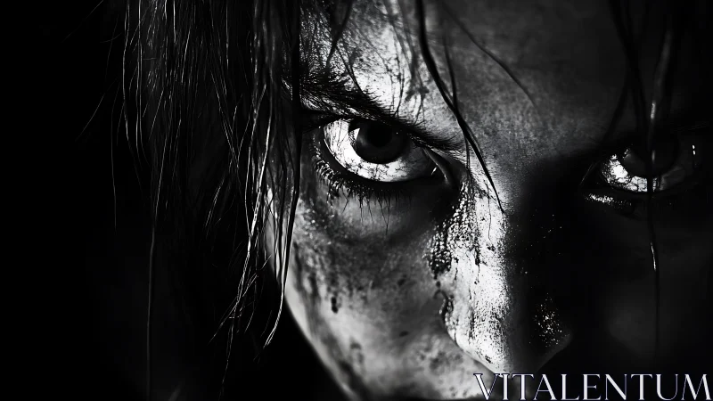 Intense mud-streaked face glares through dramatic shadows.