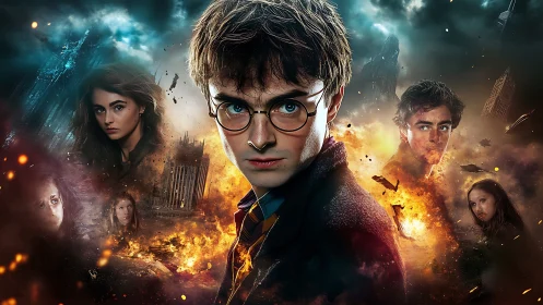 Wizard teen in urban ruins with fire and stormy sky.