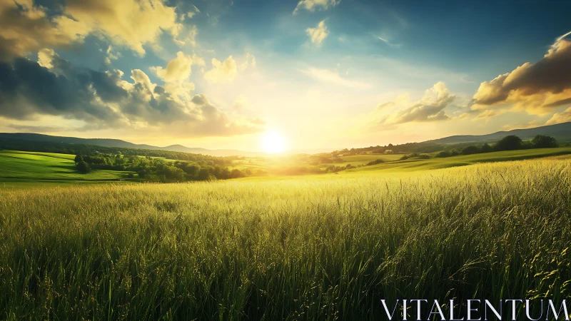 Sunlit rural field under dramatic sky at golden hour.