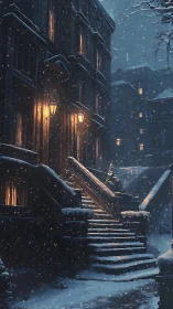 Soft lamplight welcomes walkers to a snowy city stairway