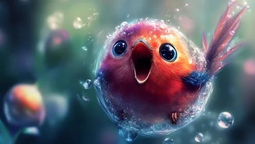 Vibrant Cartoon Bird in Bubble with Dreamy Lighting and Soft Focus.