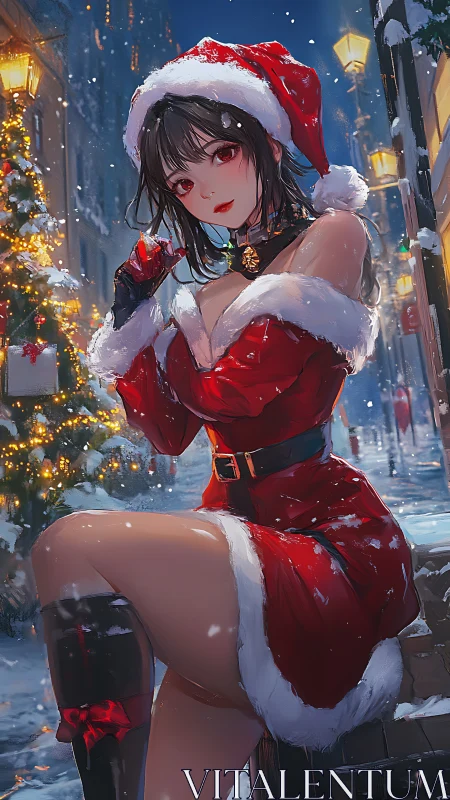 Snowy city street sparkles around festive anime Santa girl.