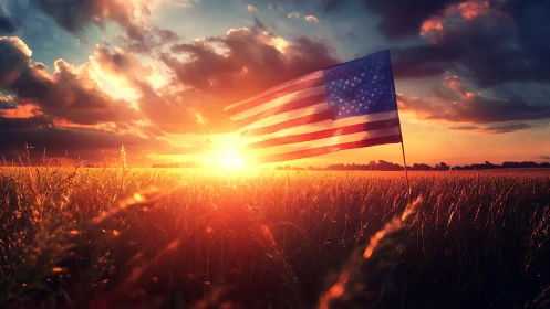 American flag glows over golden field at dramatic sunset.