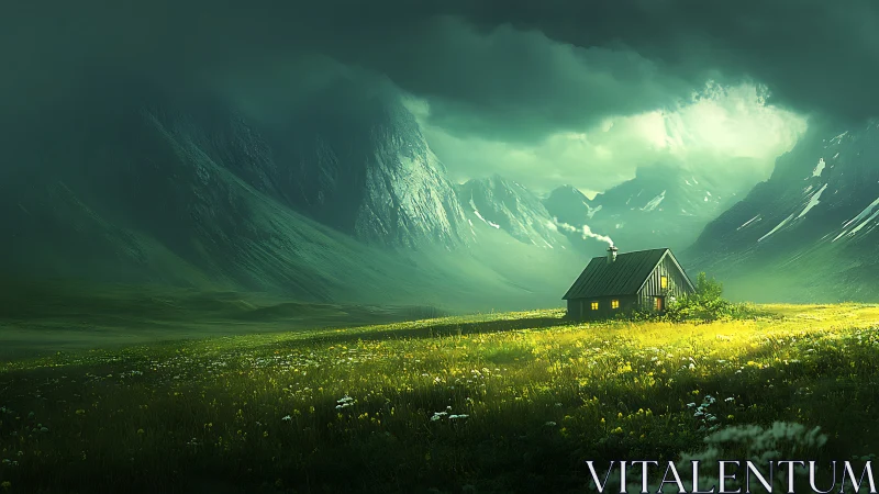 Small cabin glows on illuminated meadow below dark mountains