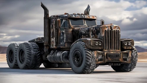 Rust-streaked six-wheel desert truck rendered in 3D