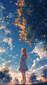 Golden hour breeze surrounds a thoughtful girl in autumn light